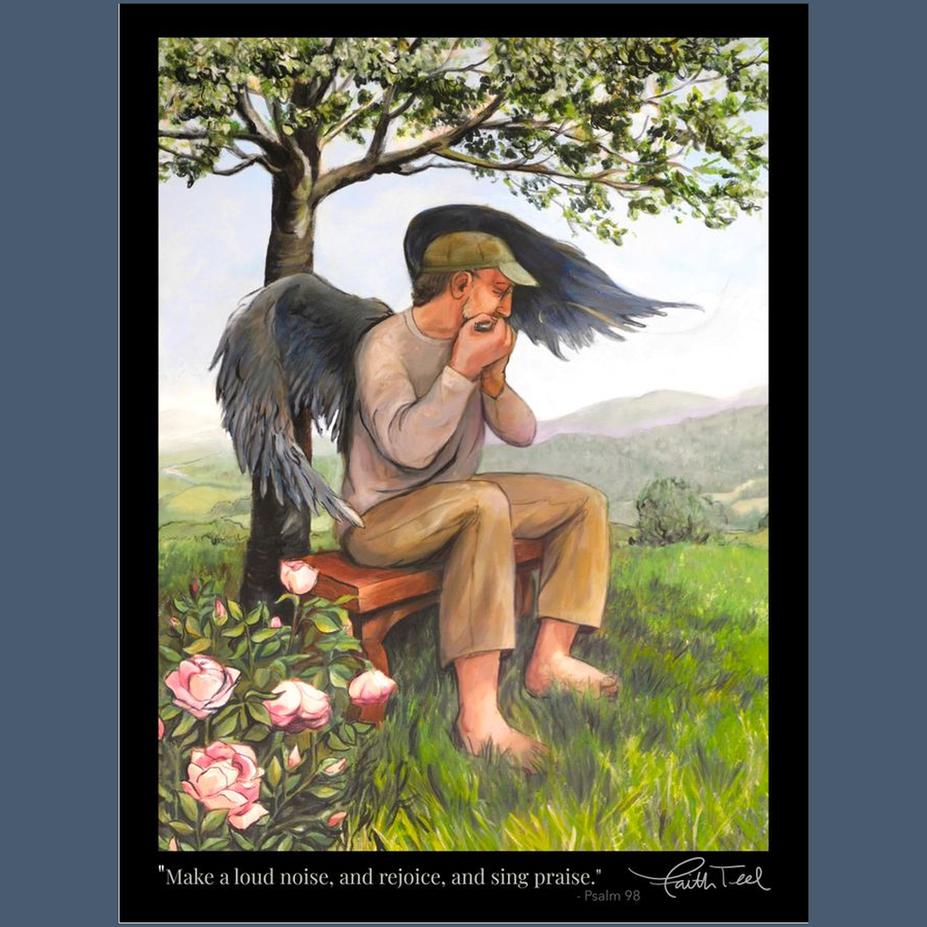 A Modern Angel Playing Music in a Rose Garden - Fine Art Poster