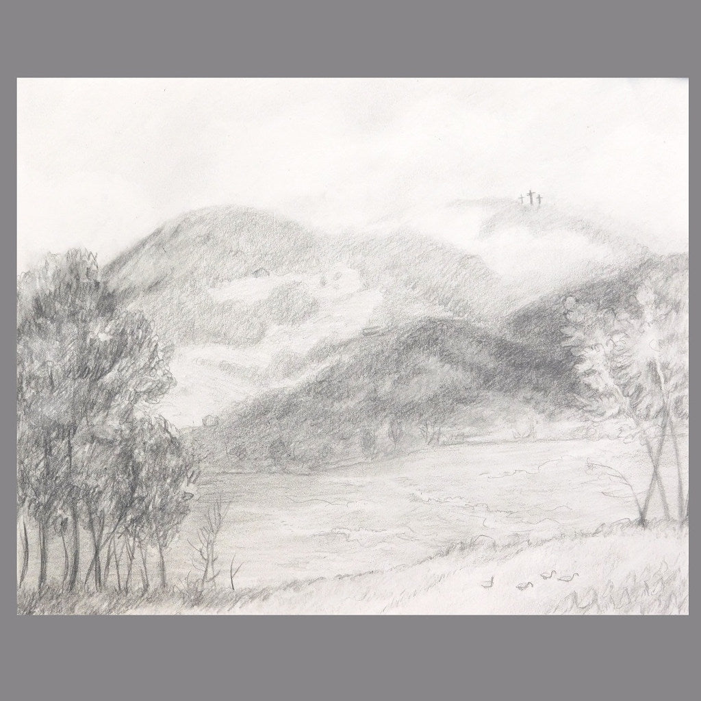 Three Wooden Crosses - A Three-Panel Original Pencil Drawing - Landscape Painting with a Christian Theme