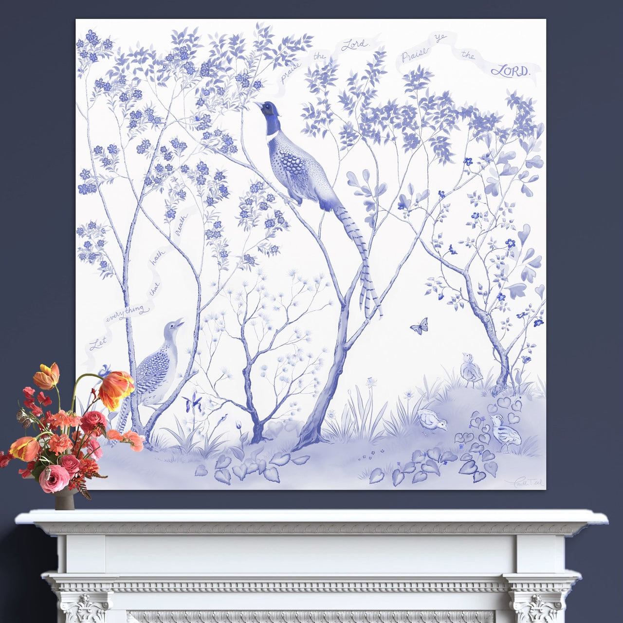 "Praise Ye the LORD" Chinoiserie - Single Panel Canvas Print in Dutch Blue