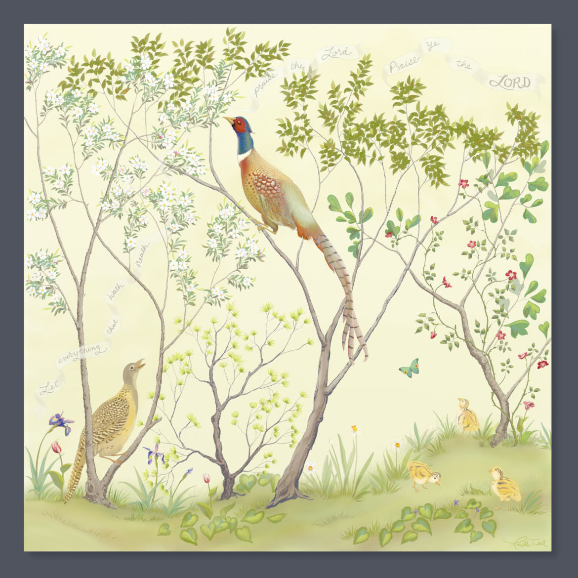 "Praise Ye the LORD" Chinoiserie - Single Panel Canvas Print in Cool Cream
