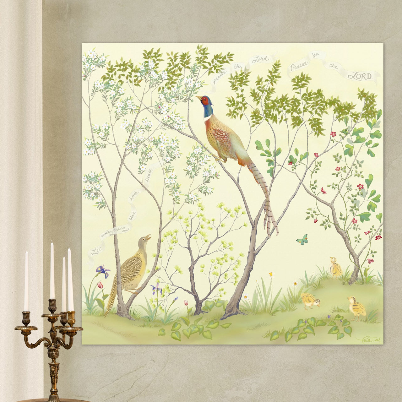 "Praise Ye the LORD" Chinoiserie - Single Panel Canvas Print in Cool Cream