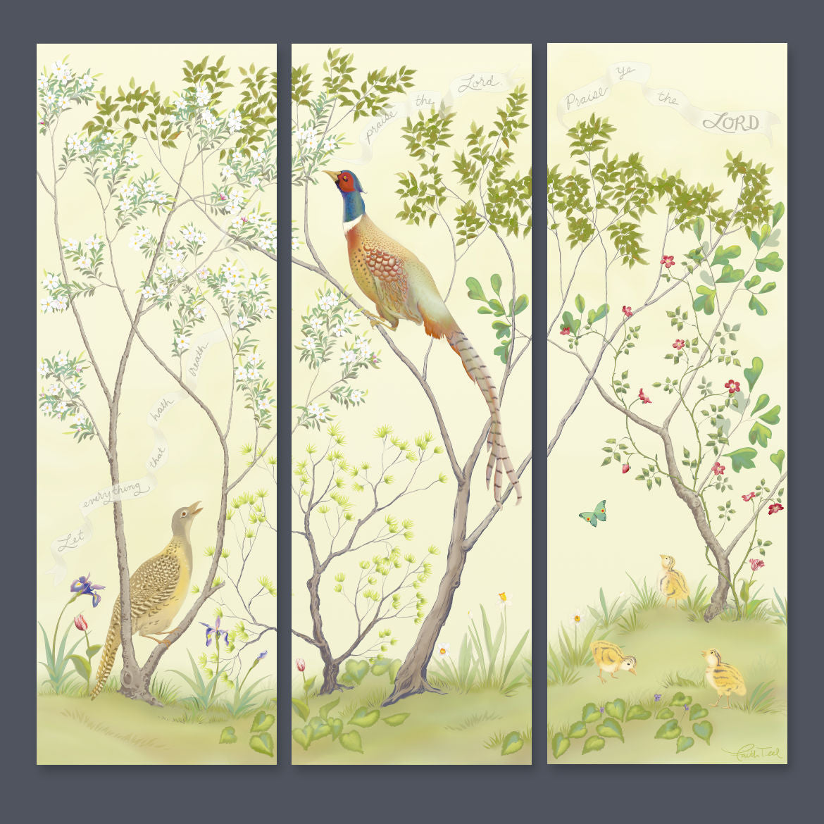 "Praise Ye the LORD" Chinoiserie - Three-Panel Canvas Print in Cool Cream