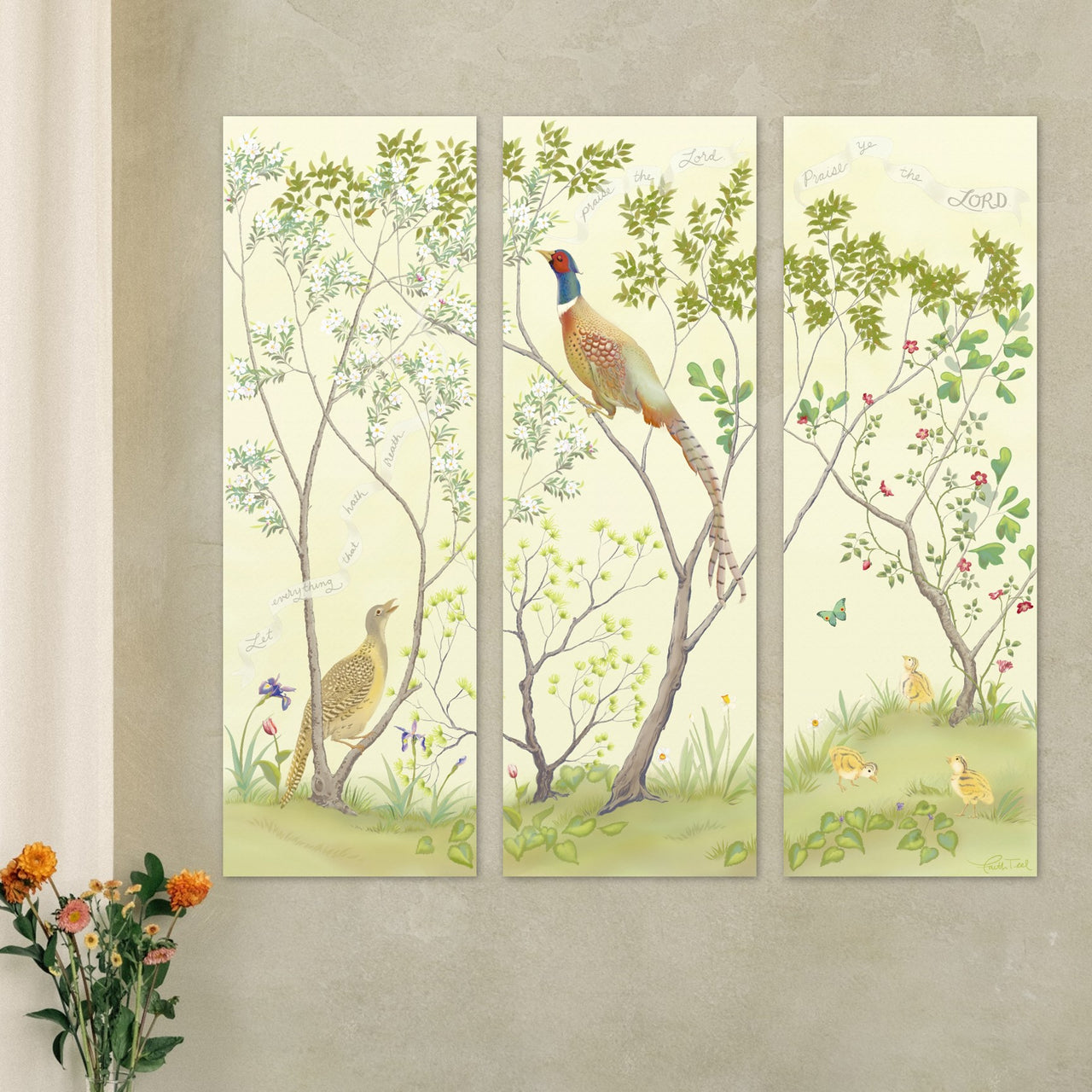 "Praise Ye the LORD" Chinoiserie - Three-Panel Canvas Print in Cool Cream