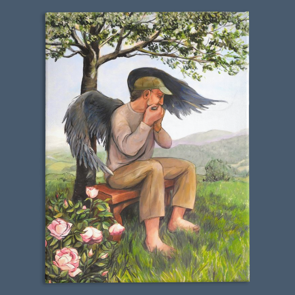 A Modern Angel Playing Music in a Rose Garden - Canvas Print