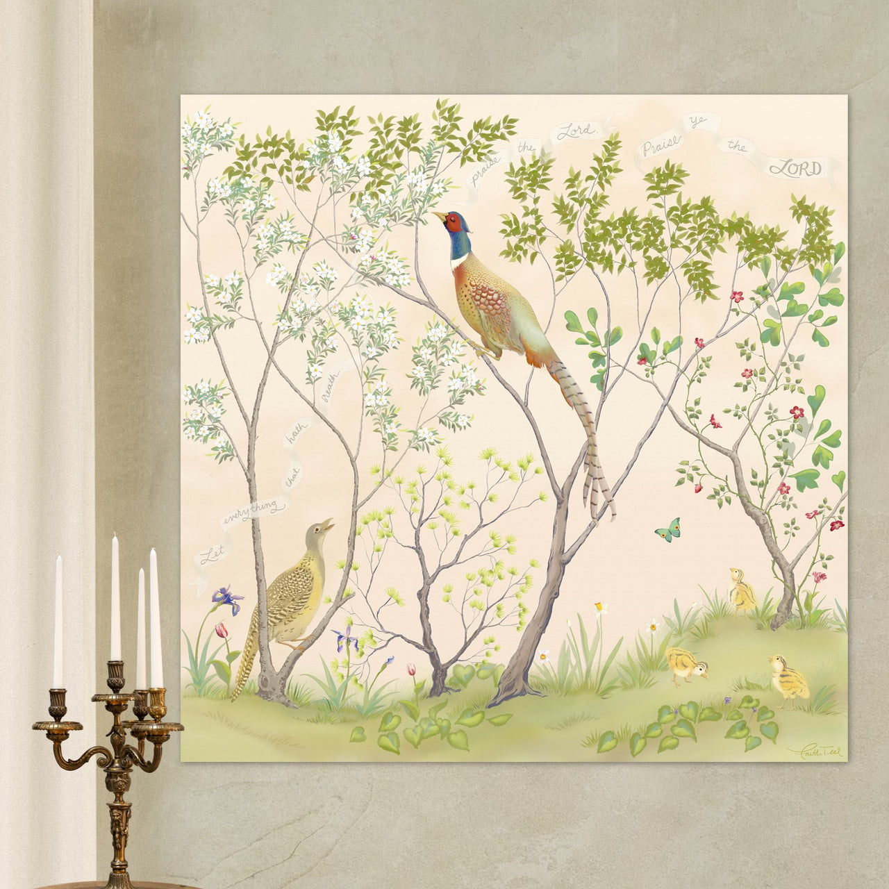 "Praise Ye the LORD" Chinoiserie - Single Panel Canvas Print in Rosy Dawn