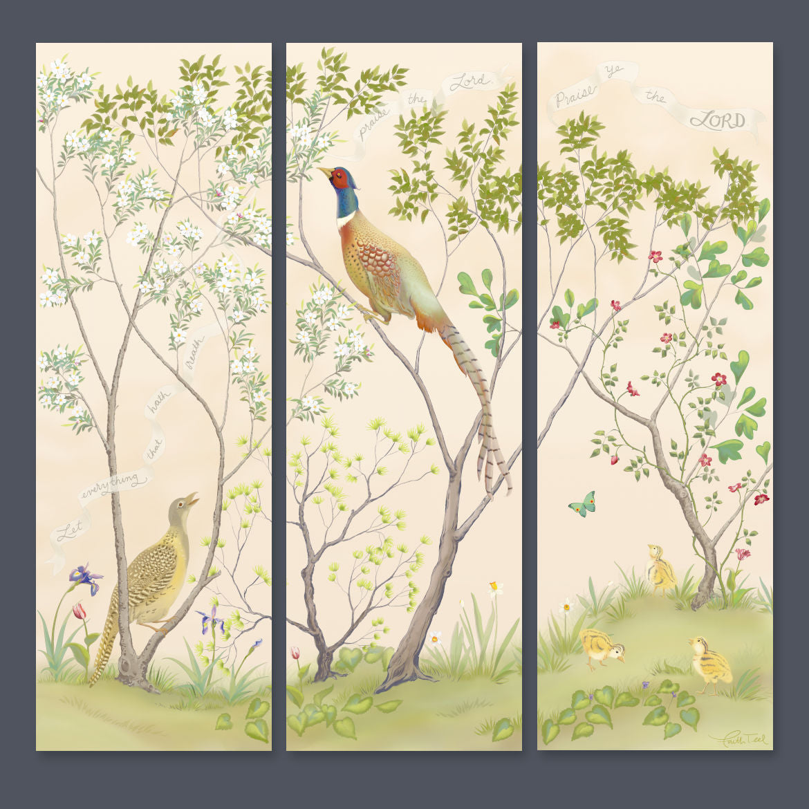 "Praise Ye the LORD" Chinoiserie - Three-Panel Canvas Print in Rosy Dawn