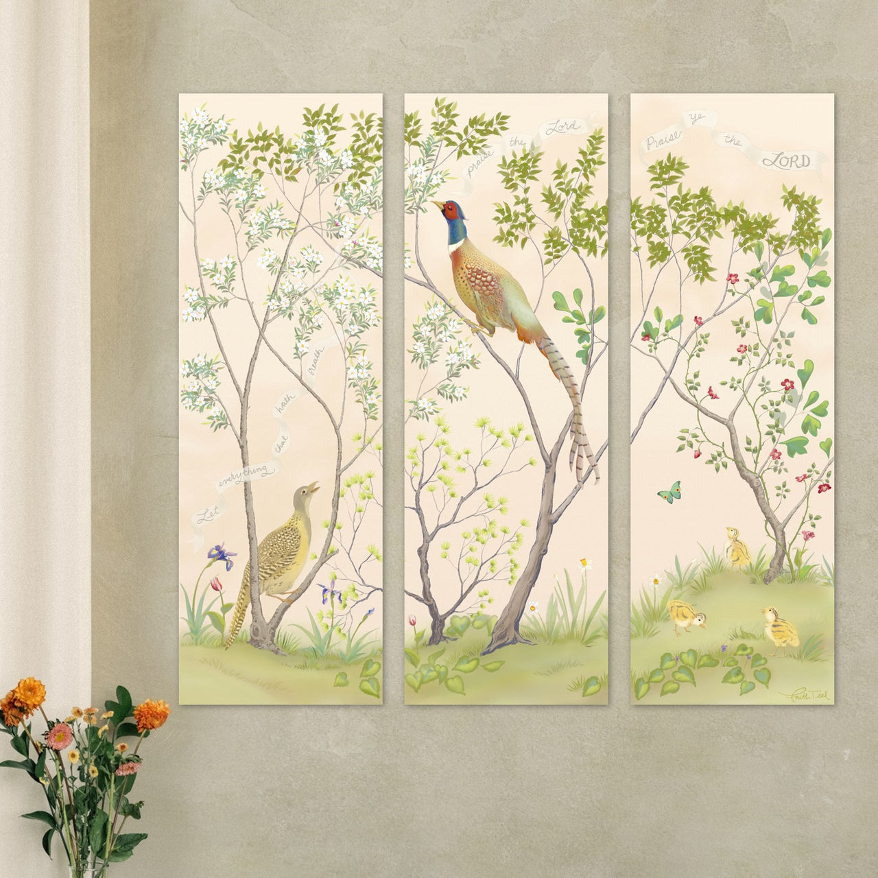 "Praise Ye the LORD" Chinoiserie - Three-Panel Canvas Print in Rosy Dawn